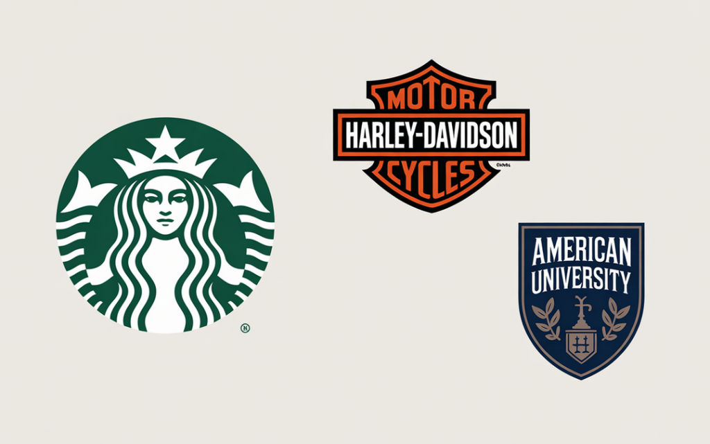 logos embèmes de Harley Davidson, Starbucks et d'une université américaine fictive