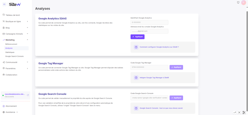 statistiques site web sur le tableau de bord de SiteW