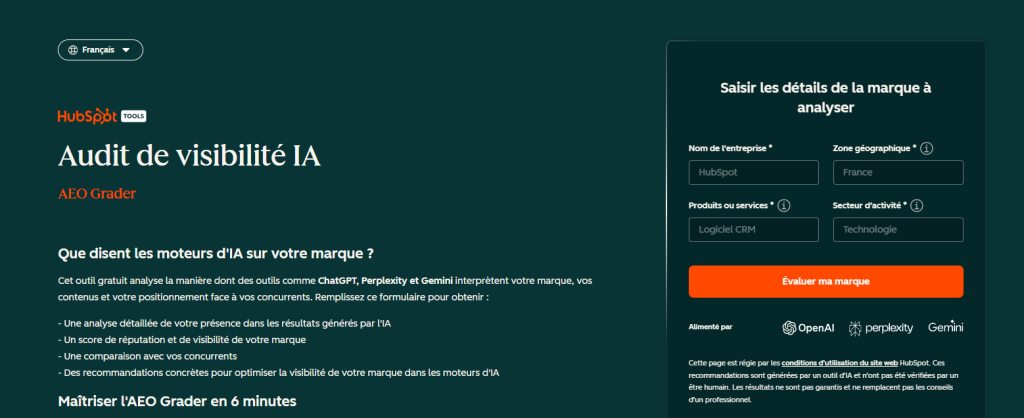 outil HubSpot pour l'audit de visibilité IA 