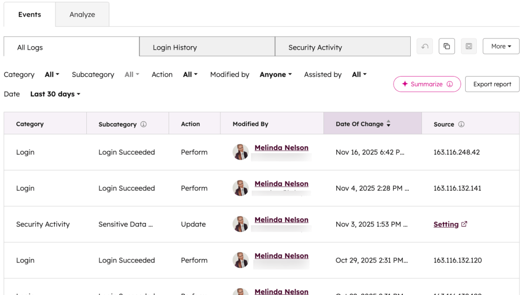 historique des activités d'un compte sur HubSpot